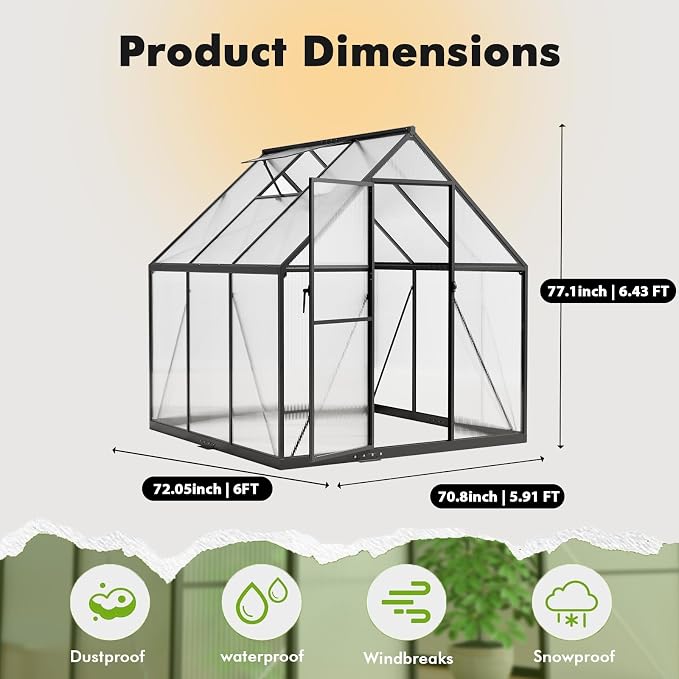 6X6FT Enhanced Aluminum Small Greenhouse for Outdoors with Thermometers | Easy Assembly, UV-Resistant Panels, Built-in Reinforcement, Lockable Sliding Door, Roof Vent, For Vegetable, Flower and Herb