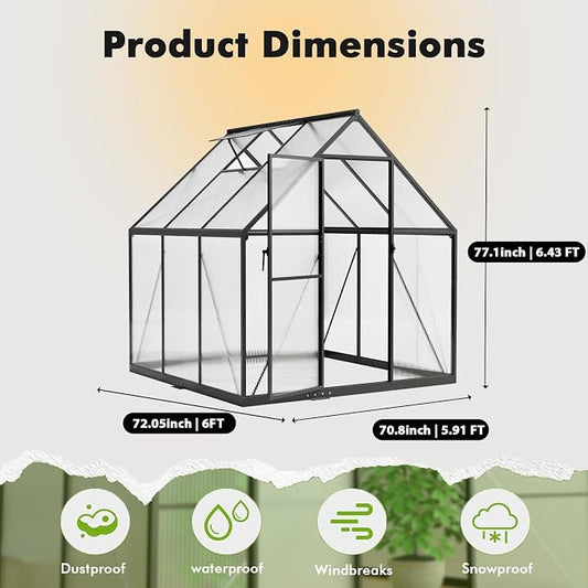 6X6FT Enhanced Aluminum Small Greenhouse for Outdoors with Thermometers | Easy Assembly, UV-Resistant Panels, Built-in Reinforcement, Lockable Sliding Door, Roof Vent, For Vegetable, Flower and Herb