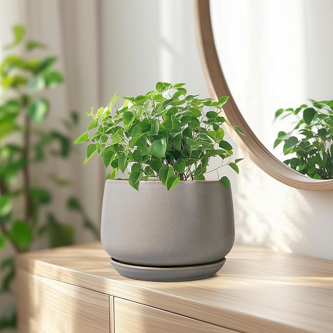 G EPGardening Ceramic Pots for Plants 7 Inch - Large Ceramic Planters for Indoor Plants Outdoor Modern Flower Pot with Drainage Holes and Saucer for Office Garden Patio Grey