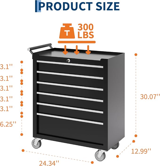 IDEALHOUSE Rolling Tool Chest, 6 Drawers Tool Storage Cabinet, Toolbox with Wheels, Portable Tool Cabinet Organizer with Locking System & Drawer Liners, Tool Storage Cart for Garage, Workshop, Black