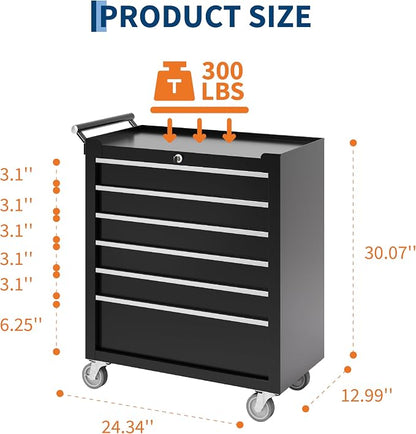 IDEALHOUSE Rolling Tool Chest, 6 Drawers Tool Storage Cabinet, Toolbox with Wheels, Portable Tool Cabinet Organizer with Locking System & Drawer Liners, Tool Storage Cart for Garage, Workshop, Black