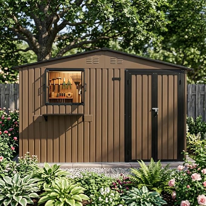 10x8 FT Storage Shed,Outdoor Metal Building Backyard Shed with 2 Clear Openable Windows,Windowsill & Garden Bed Flower Rack,Lockable Double Doors Tool Shed, Heavy Duty Waterproof,for Yard,Brown