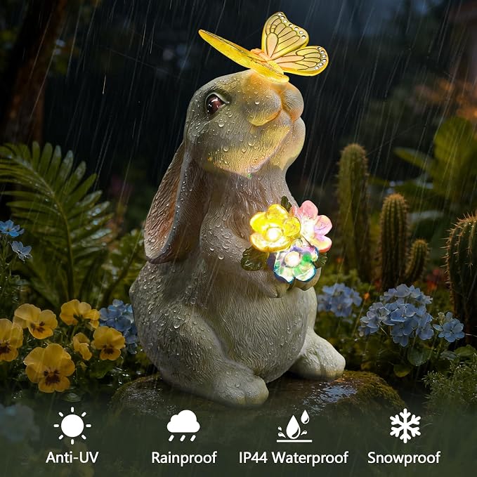 Solar Garden Statue Outdoor Decor, Rabbit Figurine with Butterfly LED Lights, Bunny Statue for Garden, Yard Decor, Lawn Ornament, Valentine's Day Birthday Gift for Women Mom Grandma