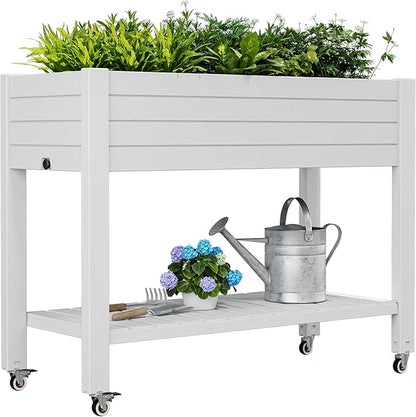 Elevate 33.7" Tall Raised Garden Bed with Wheels, Divisible Resin Planter Box with Drainage Gauge & Storage Shelf, Herb Planter for Garden Patio Backyard, Ashen (33.7" h)