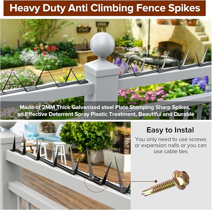 6 Pcs Anti-Climb Rust-Proof Metal Spikes for Fence, Wall, Gate | and Animal Deterrent Spikes, Suitable for Home and Garden Fences, Fits Various Lengths - Heavy Duty.