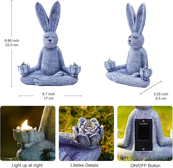 Goodeco Zen Rabbit Statue with Solar Lotus - Garden Yoga Bunny | sitting meditating rabbit serene resin figurine for patio, yard, lawn ornaments, home or outside