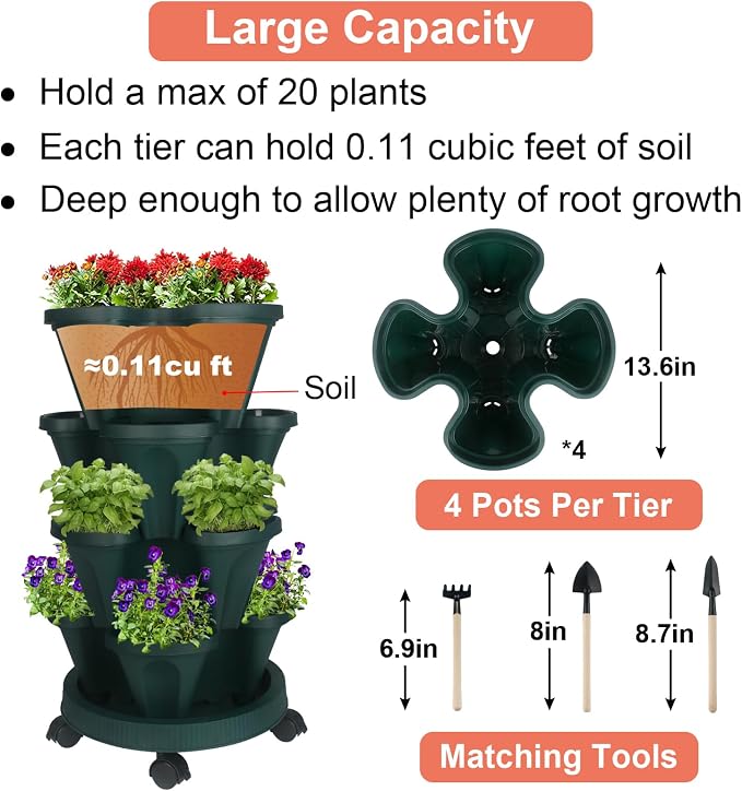 GameXcel Vertical Planter Tower - 4 Tier Stackable Garden Planters with Wheels and Tools Plant Pots for Strawberry Herb Flower and Vegetable Indoor Outdoor Use Green