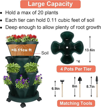 GameXcel Vertical Planter Tower - 4 Tier Stackable Garden Planters with Wheels and Tools Plant Pots for Strawberry Herb Flower and Vegetable Indoor Outdoor Use Green
