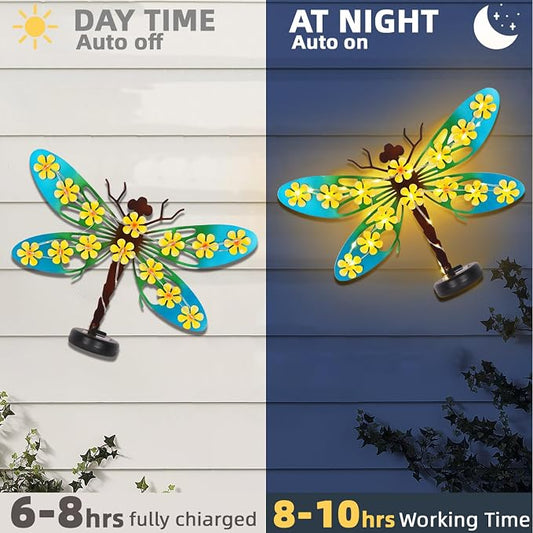Metal Dragonfly Outdoor Wall Decor with 30 Led Solar Lights- 13.9" Outdoor Fence Wall Art Decor, Gift for Mom Grandma Women Birthday Gardening,Hanging Decoration for Garden Patio Porch Yard