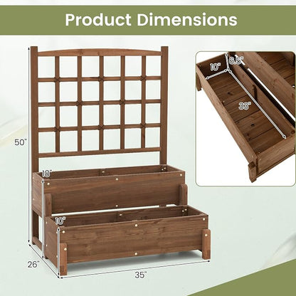 2-Tier Raised Garden Bed with Trellis, Wooden Elevated Planter Box with Legs, Hemp Rope & Drainage Holes, Raised Plant Bed for Backyard, Garden, Lawn