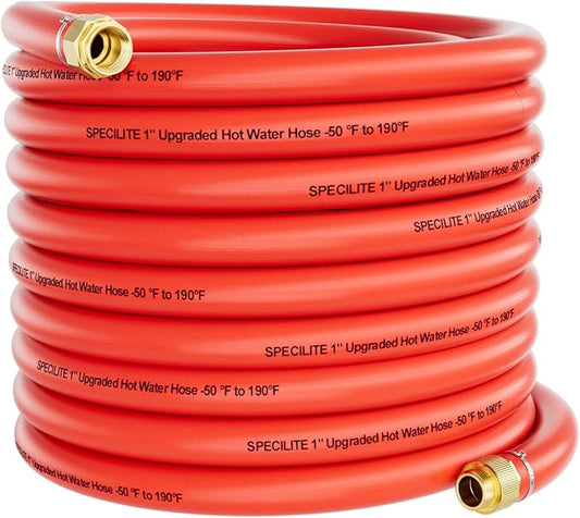 SPECILITE 1" Hot/Cold Garden Water Hose 50ft, -50℉ to 190℉, High Water Flow, Flexible & Lightweight, Heavy Duty Rubber Pipe with 1" to 3/4" Brass Adapters for All-weather Outdoor Industrial Farm, Red