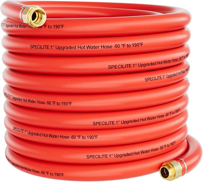 SPECILITE 1" Hot/Cold Garden Water Hose 75ft, -50℉ to 190℉, High Water Flow, Flexible & Lightweight, Heavy Duty Rubber Pipe with 1" to 3/4" Brass Adapters for All-weather Outdoor Industrial Farm, Red