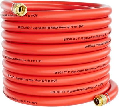 SPECILITE 1" Hot/Cold Garden Water Hose 75ft, -50℉ to 190℉, High Water Flow, Flexible & Lightweight, Heavy Duty Rubber Pipe with 1" to 3/4" Brass Adapters for All-weather Outdoor Industrial Farm, Red