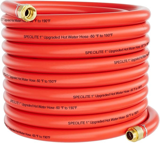 SPECILITE 1" Hot/Cold Garden Water Hose 75ft, -50℉ to 190℉, High Water Flow, Flexible & Lightweight, Heavy Duty Rubber Pipe with 1" to 3/4" Brass Adapters for All-weather Outdoor Industrial Farm, Red