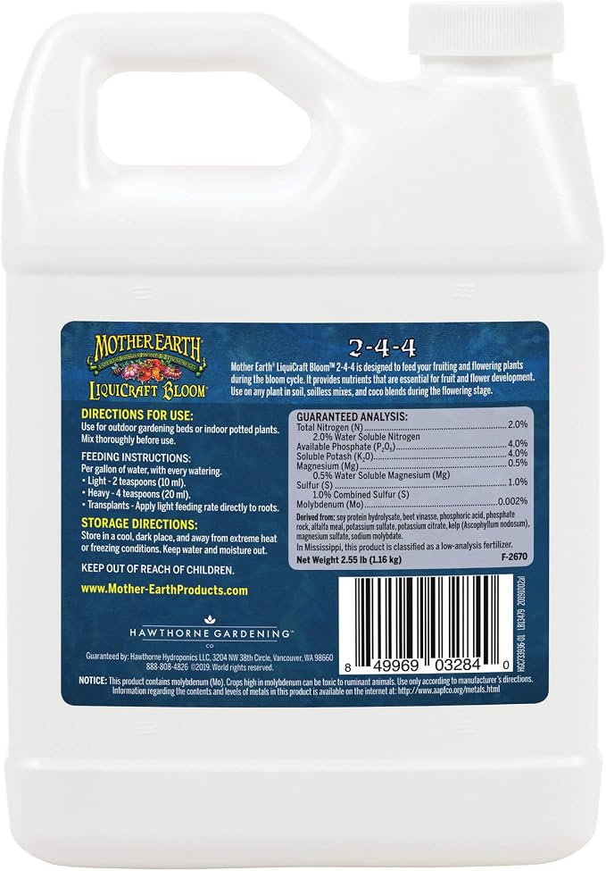 Mother Earth LiquiCraft Bloom 2-4-4 For Flowering Plants And Vegetables Such As Tomatoes, 1-Quart