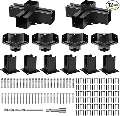 Heavy Duty 3-Way Pergola Brackets for 4x4 Lumber (Actual 3.6"x3.6"), 6PCS Post Base & 4PCS 3-Way & 2PCS 4-Way, DIY Pergola Kit with Screws for Garden, Gazebo, and Patio.