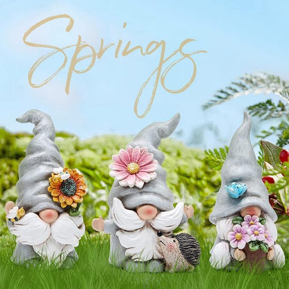 Hodao 3PCS Spring Garden Gnome Statues - Cute Resin Faceless Dwarf Figurines with Sunflower, Hedgehog & Butterfly - Outdoor Yard, Patio, Lawn, Porch & Indoor Shelves, Tiered Trays, Housewarming Gift