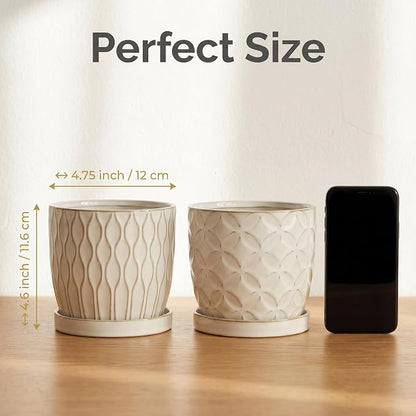 Nihow Ceramic Plant Pots with Drainage Hole & Saucer, 4.75 Inch, White-1 | Small,Embossed Design, For Succulent, Cactus, Little Snake, Indoor Plants