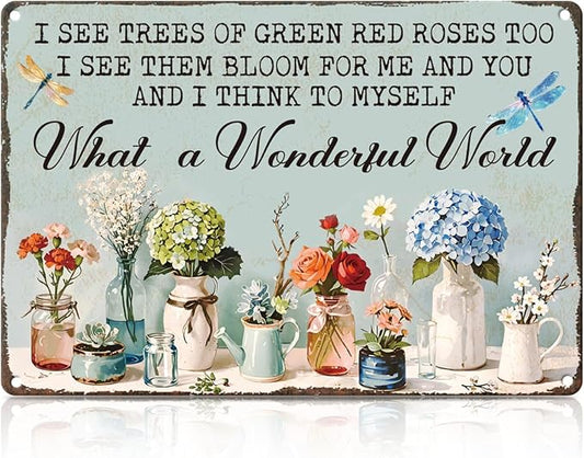 Flower Garden Metal Tin,What A Wonderful World I See Trees Sign | Vintage Wall Art for Outside Garden Porch Palio Yard Home Fence Greenhouse Indoor Outdoor Wall Decor
