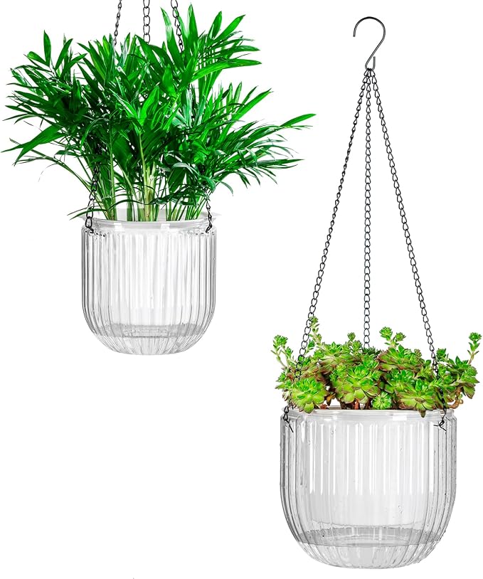 Josteve 5.2/8.2 Inch 2 Pcs Self Watering Hanging Planter Indoor Plant Pots Drainage Holes, Outdoor Small Hanging Planters Flower Pot Basket, Visible Water Level, Plant Hanger Home Decor, Gardening