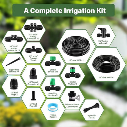 Kalolary 133FT Quick-Connect Drip Irrigation System Kit, Automatic Garden Watering System with 1/4" & 1/2" Tubing,Push-to-Fit Fittings & Adjustable Drip Emitters for Raised Garden Beds Greenhouse Lawn
