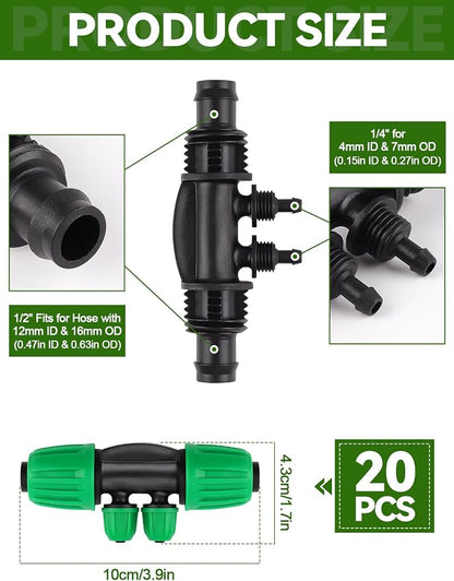 Kalolary 20PCS Locked Barbed Tee Connectors, 1/2" to 1/4" Drip Irrigation Fittings Kit 12/16mm to 4/7mm Tube Lock Female Connector 4-Way Barbed Lock Irrigation Parts for Watering System (Green)