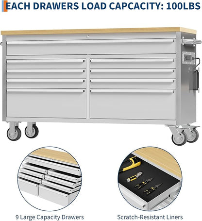 GAOMON 61 Inch Tool Chest, Tool Cabinet with 9 Drawers, Mobile Storage Cabinet with Locking System, Stainless Steel Material and Sturdy Structure, High Capacity for Home Workshop Kitchen and Garage.