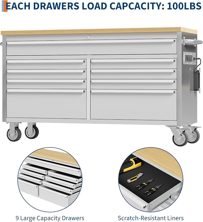 GarveeTech 61 in Tool Chest, Tool Box Mobile 9 Drawers Storage Rolling Cabinet with Wheels Lock Key Locking System Drawer Liners for Garage Warehouse Repair Shop