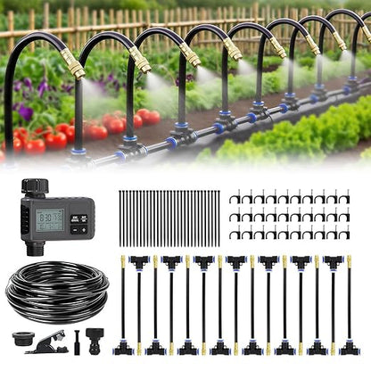 50FT Drip Irrigation System,Everything You Need for Patio & Garden Watering – 15 Nozzles, Easy-Set Timer, and 5/16 Inch Hose for Greenhouse or Lawn Care