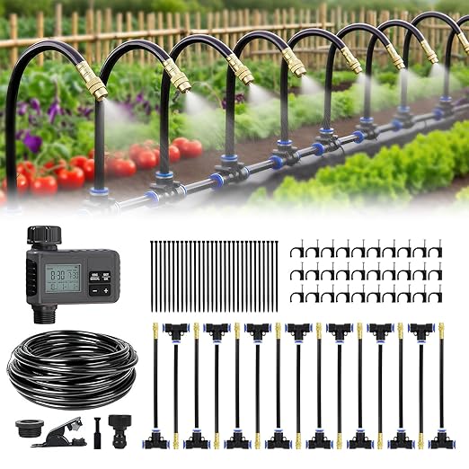 50FT Drip Irrigation System,Everything You Need for Patio & Garden Watering – 15 Nozzles, Easy-Set Timer, and 5/16 Inch Hose for Greenhouse or Lawn Care