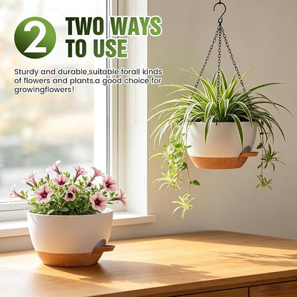 8 Inch Self Watering Hanging Planters Set of 3 with Saucers | Set of 3 8-inch self-watering hanging planters with side-fill watering ports, chain hangers & snap-on saucers
