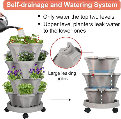 GameXcel Vertical Planter Tower - 4 Tier Stackable Garden Planters with Wheels and Tools Plant Pots for Strawberry Herb Flower and Vegetable Indoor Outdoor Use Gray