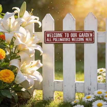 Garden Metal Tin Sign, Rustic Farmhouse Decor, Welcome to Our Garden Sign, Gardening Wall Art, for Yard Fence Door Porch, Indoor Outdoor Gardens Decoration, 15.7 x 3.9 Inches