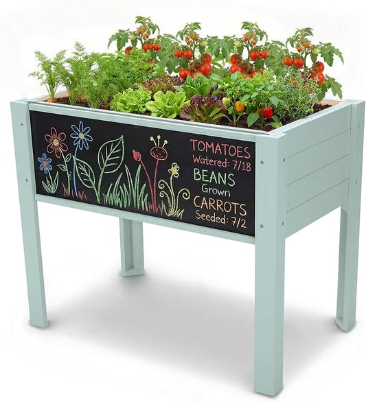 Raised Garden Bed with DIY Chalkboard, 30 x 24 x 18 Inch Wooden Elevated Raised Garden Bed, Outdoor Planter Box with Legs for Vegetables Grass Lawn Yard, Green