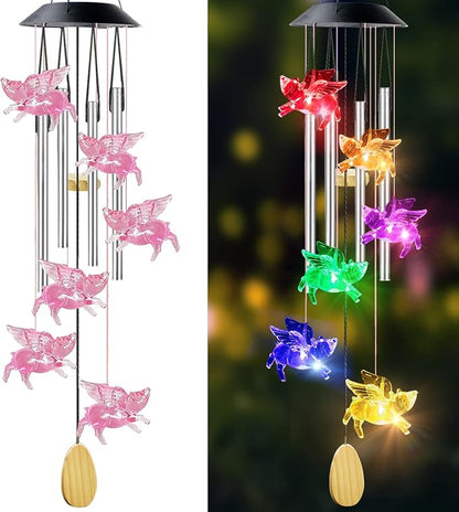 Pig Solar Wind Chimes with 4 Music Aluminum Tubes, 7 Colors Changing Outdoor Waterproof Flying Pig LED Wind Bell, Patio Garden Yard Decor(Mom, Women, Gardening Gifts)
