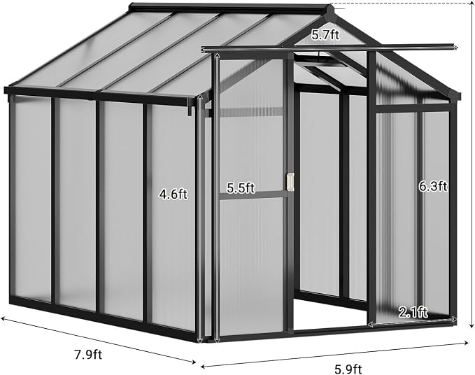 6x8 FT Greenhouse, Outdoor Sliding Door, Polycarbonate Greenhouse with Aluminum Frame, Lockable Door and Ajustable Roof Vent for Backyard, Outside Garden Backyard, Patio, Black