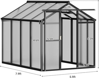 6x8 FT Greenhouse, Outdoor Sliding Door, Polycarbonate Greenhouse with Aluminum Frame, Lockable Door and Ajustable Roof Vent for Backyard, Outside Garden Backyard, Patio, Black