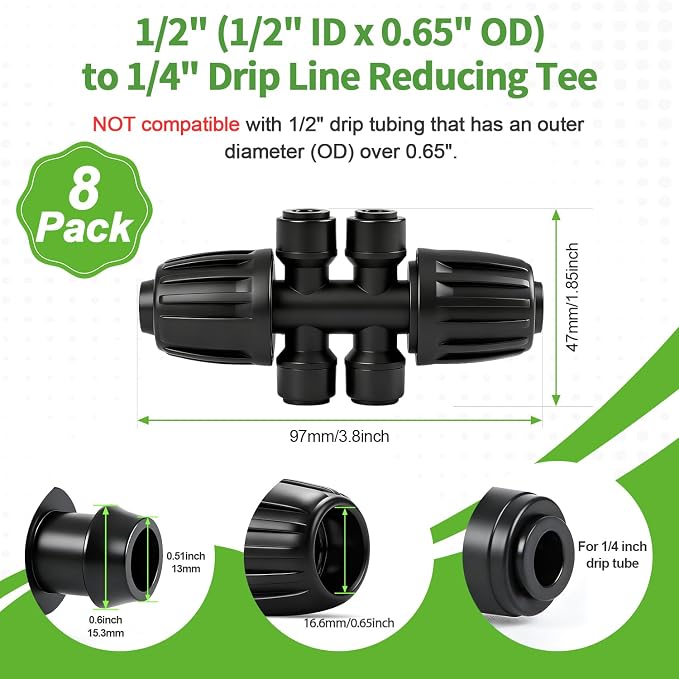 RedChili 8 Pcs Quick Connect 1/2" to 1/4" Drip Irrigation Fittings, Dripline 1/2 Inch (1/2" ID x0.6-0.65" OD) To 1/4 Inch Reducing Tee Adapter Drip Tubing 1/2" to 1/4" Irrigation 6 Way Connectors