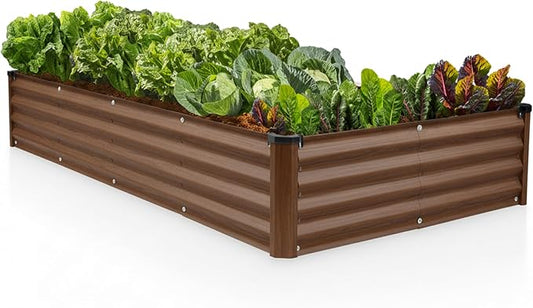 Plant & Plot Galvanized Raised Garden Beds Outdoor // 8×4×1 ft Planter Raised Beds for Gardening, Vegetables, Flowers (Dark Wood Grain) // Large Metal Garden Box // Patented Tool-Free Design