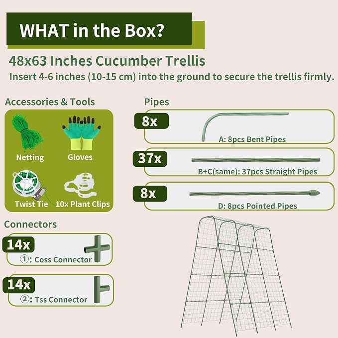 Miory Cucumber Trellis, 63" Tall U Shape Trellis for Raised Bed, Garden Arch Trellis for Climbing Plants Outdoor, Plant Support for Vegetables Vines, Steel with PE Coated (48“Lx32”Wx63“H)