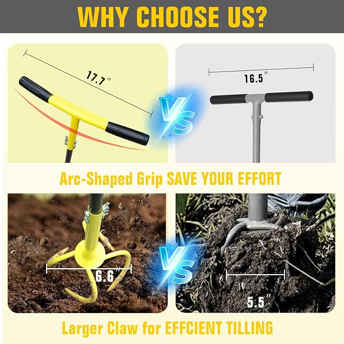 Altdorff Hand Tiller for Gardening, Garden Claw Manual Tiller with Ergomomic Handle, Steel Cultivator Tiller Lawn Aerator Tool Soil Lossener for Gardening Bed and Plant Box