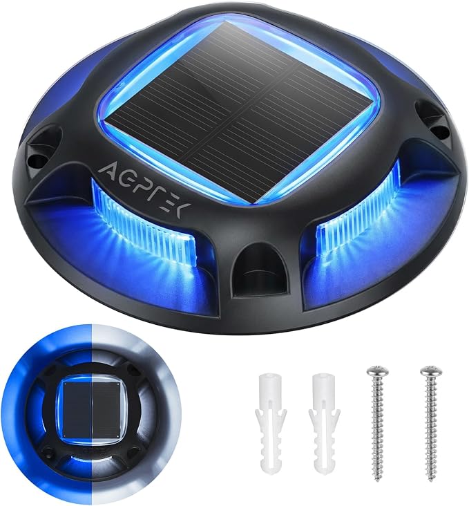 AGPTEK Solar Driveway Lights Outdoor 1 Pack, 2 Color Modes LED Deck Dock Marine Waterproof Security Marker Lights for Step Sidewalk Stair Garden Pathway Walkway Yard(Blue Light/Cool White, Black)