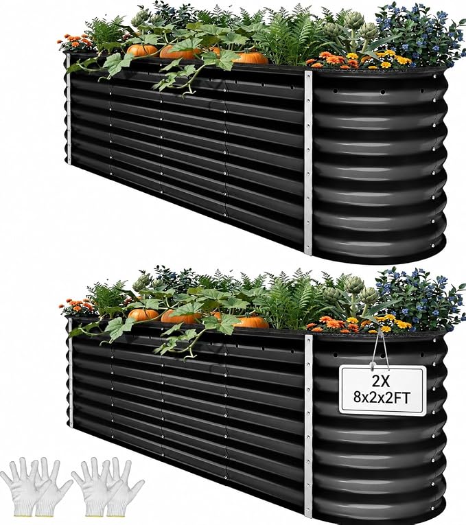 YITAHOME 2pcs 8x2x2ft Large Raised Garden Bed Kit, 24" Tall 9 in 1 Galvanized Metal Planter Box with Gloves and Safety Rubber, Outdoor Above Ground Planters for Plants Vegetables Flowers, Black