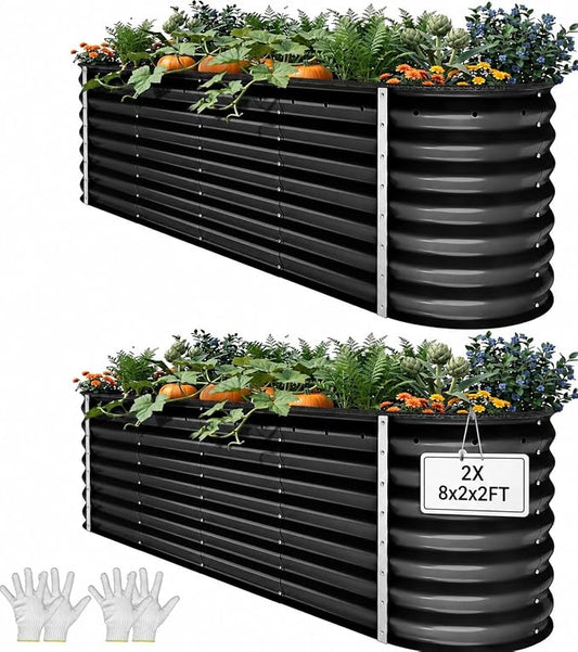 YITAHOME 2pcs 8x2x2ft Large Raised Garden Bed Kit, 24" Tall 9 in 1 Galvanized Metal Planter Box with Gloves and Safety Rubber, Outdoor Above Ground Planters for Plants Vegetables Flowers, Black