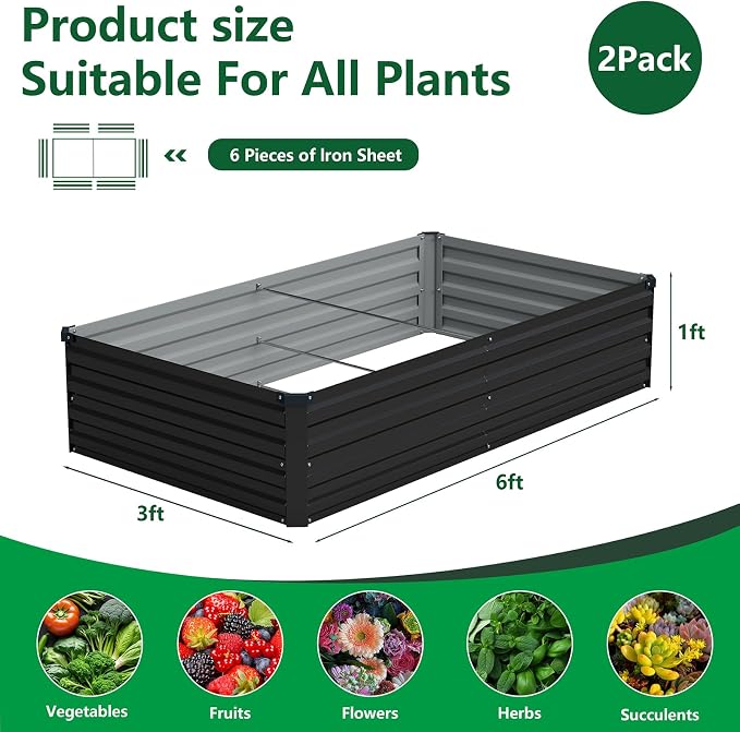 Vengarus 2PCS 6x3x1ft Galvanized Raised Garden Beds Kit,Planter Box Black | Galvanized Steel, Rectangular Metal Planter Raised Beds, Vegetables, Herbs, Flowers, Easy Assembly, Rustproof Safe Backyard