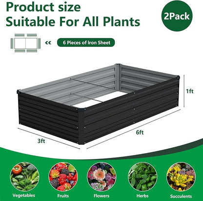 Vengarus 2PCS 6x3x1ft Galvanized Raised Garden Beds Kit,Planter Box Black | Galvanized Steel, Rectangular Metal Planter Raised Beds, Vegetables, Herbs, Flowers, Easy Assembly, Rustproof Safe Backyard