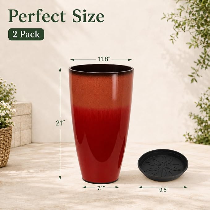 Neoaider Set of 2 Tall Planter, 21 inch Large Plastic Planter, Firey Red | Ceramic-Look, Lightweight, Built-in Drain Hole, Saucers, Tall Outdoor Planter for Porch, Garden, Patio, Balcony