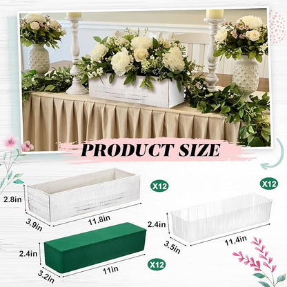 Dandat 12 Set Wood Boxes for Centerpieces 12x4 Inch Rectangle Wooden Planter Box Rustic Wooden Planters with Removable Plastic Liner Floral Foam Blocks for Christmas Wedding Home Garden Decor(White)
