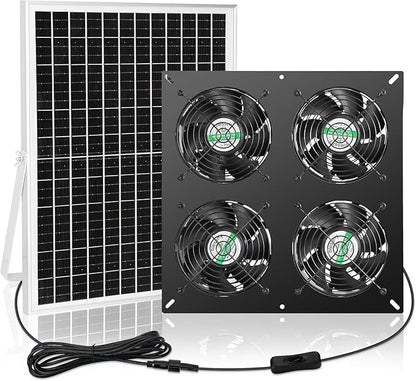 blessny 25W Solar 4 Fan Kit for Outdoor Greenhouse, Solar Powered Vent Exhaust Ventilation Fan for Chicken Coop, Shed Air Circulation, 14.7 Ft Long Cord with IP65 Weatherproof Rate