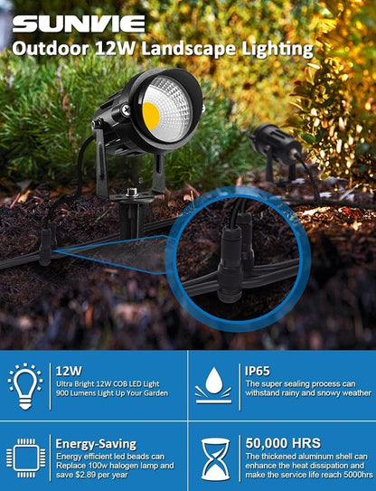 SUNVIE 12W Low Voltage LED Landscape Lights with Connectors, Outdoor 12V Super Warm White (900LM) Waterproof Garden Pathway Lights Wall Tree Flag Spotlights with Spike Stand (10 Pack with Connector)